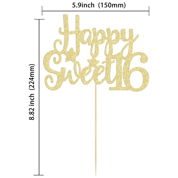 Gyufise 1Pc Happy Sweet 16 Cake Topper Gold Glitter 16th Birthday Cake Topper Sweet 16 Decorations 16th Birthday Decorations