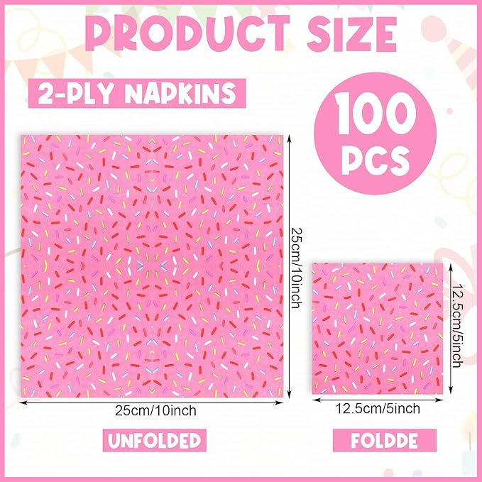 100 Pcs Sprinkles Napkins 2 Ply Disposable Paper Napkins for Baby Shower Birthday Party Theme Table Decor Supplies (Pink,Donut)