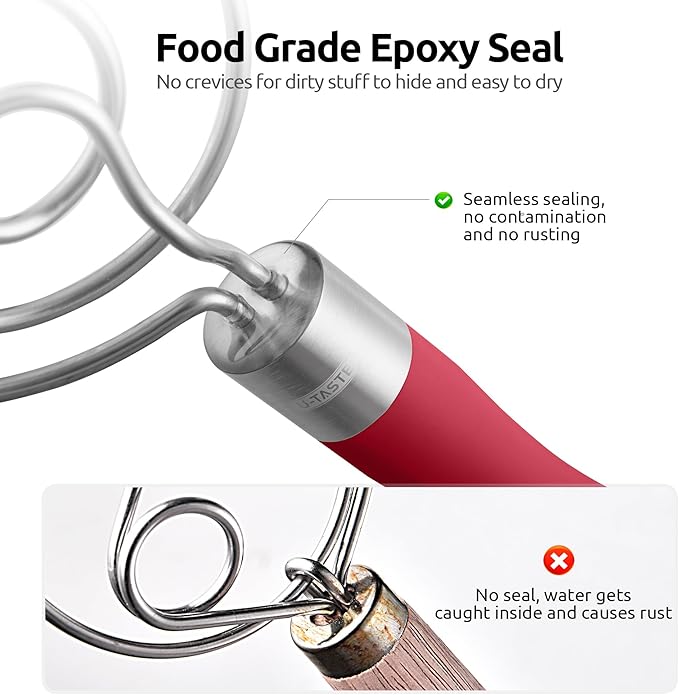 U-Taste 12.6in Danish Dough Whisk: 18/8 Stainless Steel Heavy-Duty Sourdough Mixer Tool, Food Grade Dutch Style Seamless Bread Wisk, Sturdy for Mixing, Stirring, Pressing, Kneading Thick Batter (Red)