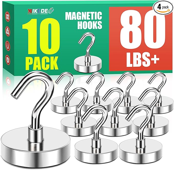 MIKEDE Magnetic Hooks, 80 Lbs Heavy Duty Earth Magnets with Hooks for Cruise Cabin, 10 Pcs Strong Locker Magnetic Hooks for Hanging, Metal Magnetic Hanger for Classroom, Grill, Fridge, Kitchen