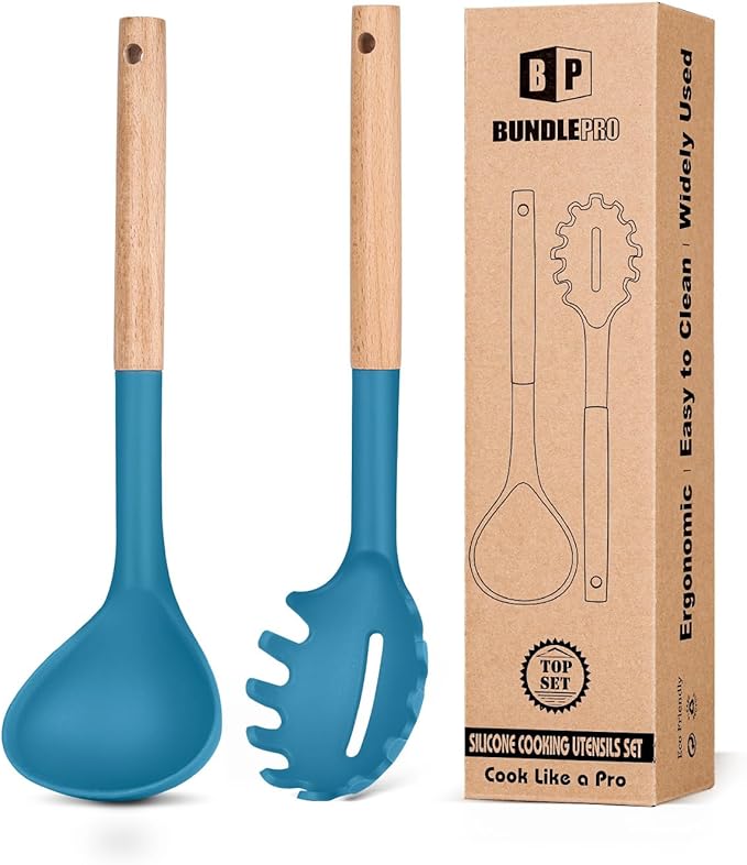Silicone Pasta Fork and Ladle Spoon Set with Wooden Handle, Heat Resistant Non Stick Kitchen Utensils for Cooking, Stirring, Serving Spaghetti, Soup, Sauce(BLUE)