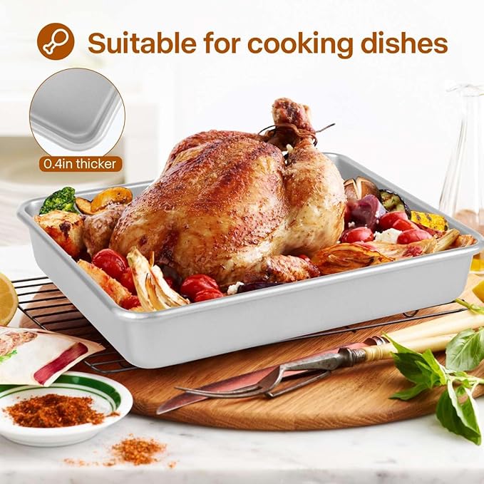 9x11 Baking Pan, Rectangle Cake Pan, 2-Pieces Nonstick Sheet Cake Pans Heavy Duty, Toaster Oven Tray Deep Size for Lasagna, Brownie, Siliver