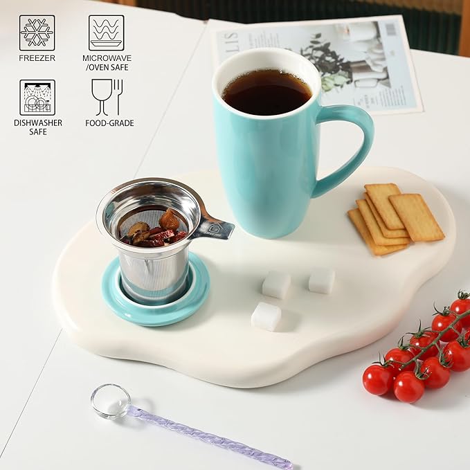Sweejar Porcelain Tea Infuser Mug with Lid, 20 oz Teacup with Strainers for Loose Leaf Tea, Microwave and Dishwasher Safe Coffee Mug(Turquoise)