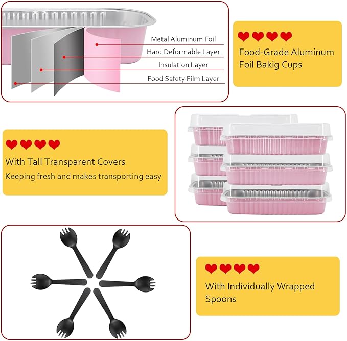 LNYZQUS 6.8oz Mini Loaf Pans with Lids 100 Pack, Rectangle Aluminum Pans Mini Cake Tins,Disposable Baking Pan Small Cake Containers for Brownie Bread Cheesecake-Pink