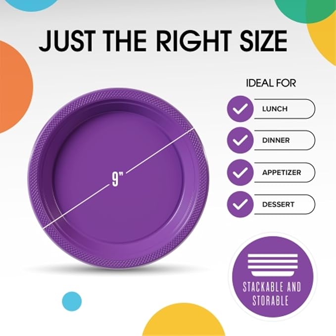Exquisite Party Solids Purple Plastic Plates For Party 9" Purple Disposable Plates Heavy Duty Supplies 100 Pcs Plastic Dinnerware Sets Heavy Duty 350 GSM Disposable Dinnerware Set