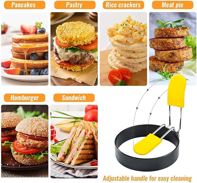 Egg Ring for Frying Eggs and English Muffin - Round Egg Shaper Mold with Anti-scald Handle - Stainless Steel Non-stick Egg Cooker Ring - 2 Pack
