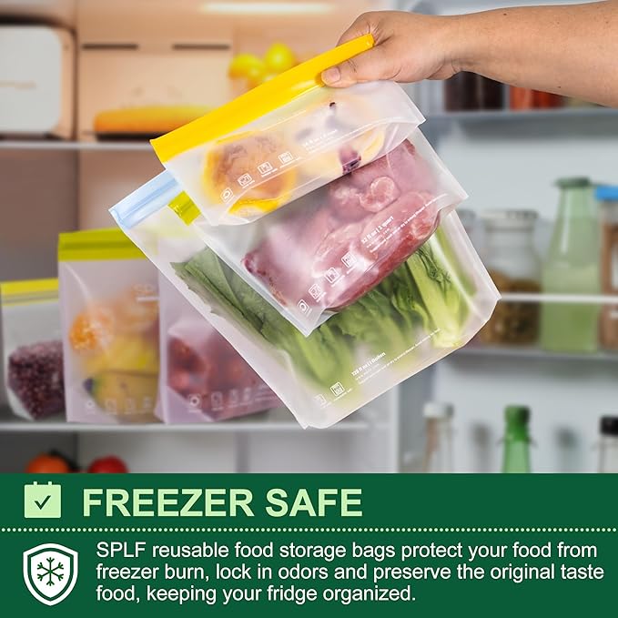 SPLF 10 Pack Stand-Up Reusable Food Storage Bags Dishwasher Safe, BPA Free Reusable Freezer Bags, Extra Thick Silicone for Meal Prep, Sandwich, Bread, Veggies - 3 Gallon 4 Quart 3 Snack