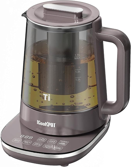 Titanium Hot Tea Maker Glass Electric Kettle with Infuser and Temperature Control,1.5L Tea Maker & 1500W Rapid Boiling,Programmable Control for your Favorite Teas and Coffee-Brown