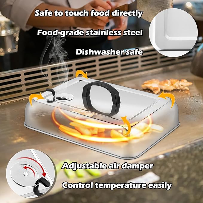 Rectangular Melting Dome 2Pcs, HaSteeL 13.3 X 9.8In Stainless Steel Bating Steaming Cover, Heavy Duty Solid Griddle Lid & Grill Pot with Air Damper, for Flat Top Hibachi Cooking, Dishwasher Safe