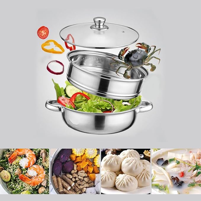 Steamer for Cooking,28cm Steamer Pot with Glass Lid,11 inch Steam Pots with Lid 2-tier for Cooking Veggies Fish Seafood Noodles, Pasta, Food
