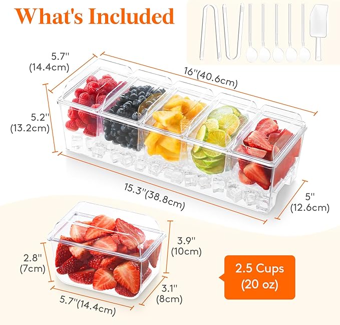 Lifewit 2 Pack Taco Bar Serving Set for Party with5Containers(2.5 Cup)&Components,Large Ice Chilled Condiment Caddy Organizer, Garnish Serving Tray Platter for Mimosa Bar Accessories,Fruit,Salad,Food