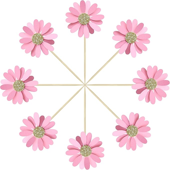 24Pcs Daisy Cupcake Toppers Flower Cake Topper Decorations Daisy Cake Decorations Chrysanthemum Cupcake Toppers Spring Daisy Flower Cake Picks for Birthday Wedding Supplies Light Pink