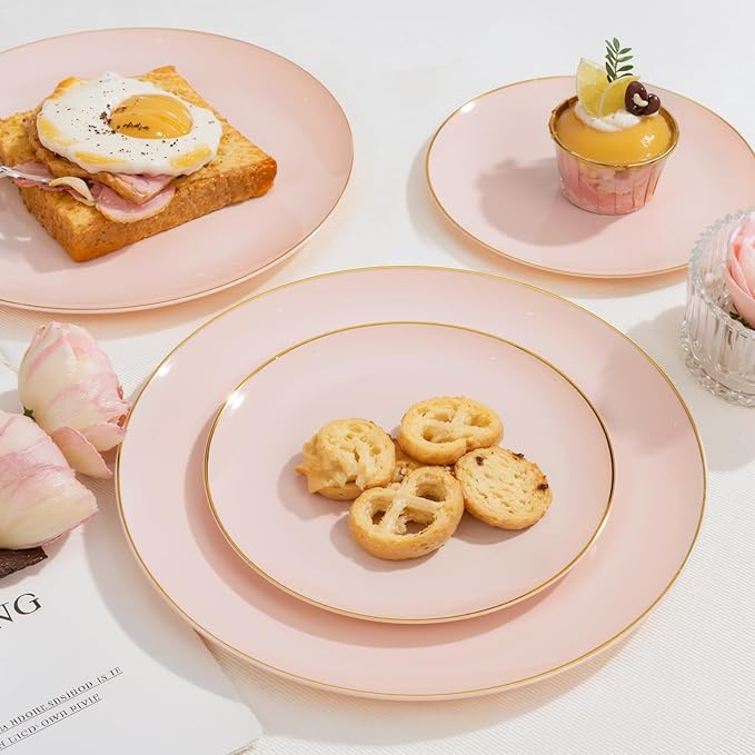 PULOTE 200Pieces Pink Plastic Plates - Premium Hard Pink and Gold Disposable - Include 100PCS 10 inch Dinner & 100PCS 7 inch Dessert Plates, Ideal for Wedding & Party