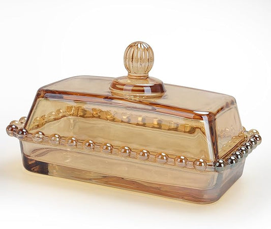 Glass Butter Dish with Lid for Countertop Amber Vintage Crystal Butter Holder for Counter,Covered Glass Butter Keeper on Counter Butter Tray for Refrigerator(Amber)