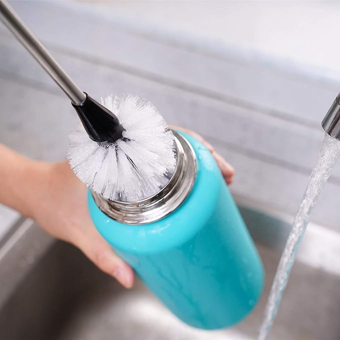 Stainless Steel Bottle Brush with Replaceable Head, 2 Pack Long Handle Scrubbing Brush for Water Bottles, Glasswares, Mugs, Flasks, Tumblers, Vases, and Kitchen Sink, 13 in