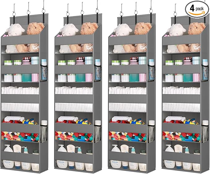 Lifewit 4 Packs Over the Door Organizer, 5 Shelf Clear Window Hanging Storage with 4 Mesh Side Pockets, Anti Tilt 40 lbs Load Behind Door for Pantry, Nursery, Bathroom, Bedroom, Kitchen, Dorm, Grey