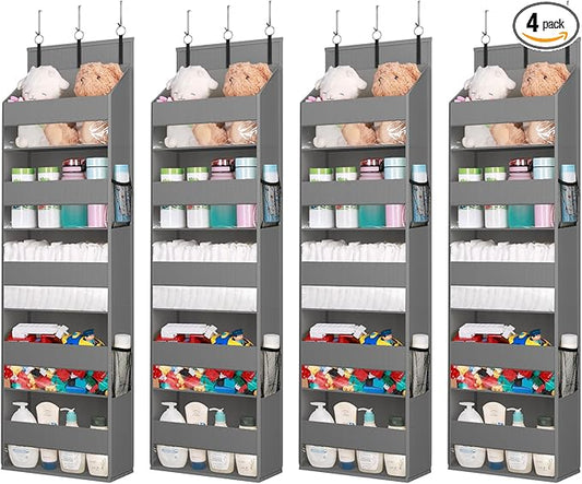Lifewit 4 Packs Over the Door Organizer, 5 Shelf Clear Window Hanging Storage with 4 Mesh Side Pockets, Anti Tilt 40 lbs Load Behind Door for Pantry, Nursery, Bathroom, Bedroom, Kitchen, Dorm, Grey