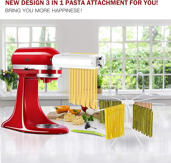 ANTREE 3-1 Pasta Maker Attachment for KitchenAid includes Pasta Sheet Roller attachment & Spaghetti Cutter & Fettuccine Cutter attachment, Easy to use and clean with Pasta Drying Rack & Cleaning Brush