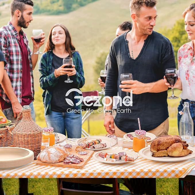 Gezond 100% Compostable Paper Plates 10 Inch 125 Pack Bulk Disposable Heavy-duty Plates Natural Biodegradable Sugarcane Bagasse Plate for Party Picnic