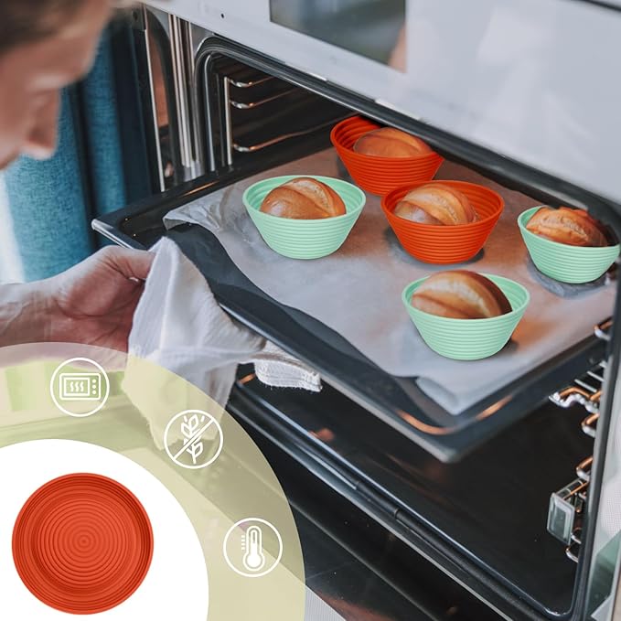 Silicone Banneton, Sourdough Bread Baskets (Set of 6, 5 Inch), Round Proofing Bread Bowls with Starter Kit, Bread Making Baking Supplies