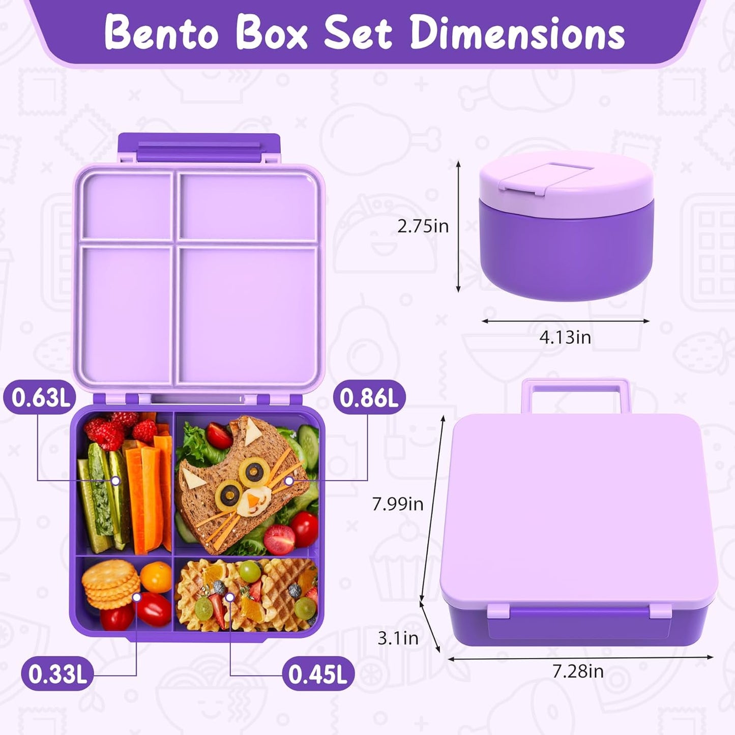 Bento Lunch Box with 8oz Soup Thermo, Leak-Proof Lunch Containers with 4 Compartment, Thermo Hot Food Jar and Insulated Lunch Box for School Purple