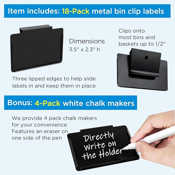 Metal Pantry Baskets Labels Clip On for Storage Bins | Edge Fold-Cream (Edge Fold-Black, 18 Metal Label Clip)