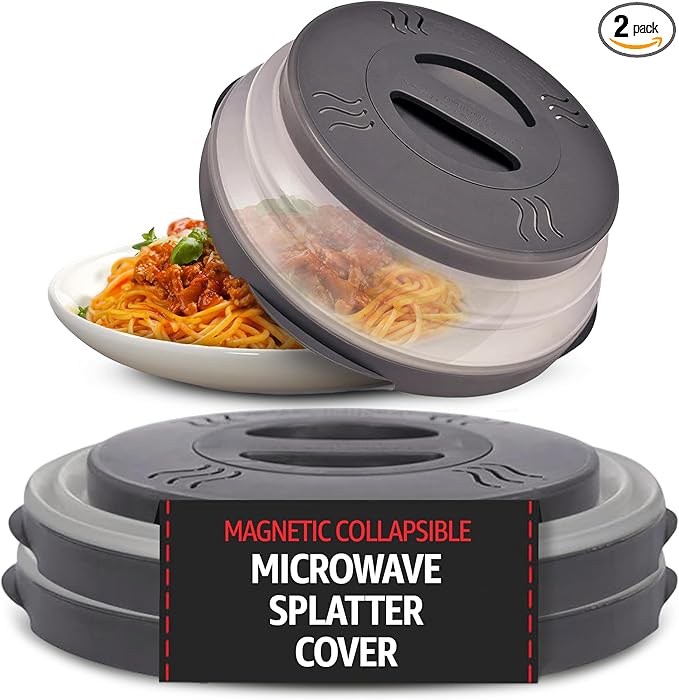 2.0 Magnetic Microwave Splatter Cover, Collapsible 12-Inch BPA-Free Food Lid with Upgraded Magnets, Vented Plate Guard, Dishwasher Safe, Space-Saving Magnetic Storage - Gray 2-Pack