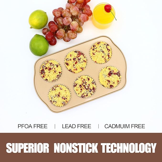 Jumbo Muffin Pan 2 Pack, Nonstick Large Cupcake Pan 6 Cup, Heavy Duty 0.5mm Thick Steel Big Muffin Tins for Baking, 3.5inch Dia, Gold