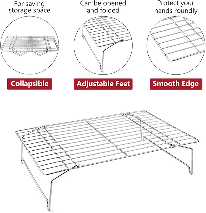 P&P CHEF 3-Tier Cooling Rack Set, Stackable Stainless Steel Baking Cooling Roasting Cooking Racks for Cake, Pastry, Bread, Meat, Bacon, Collapsible & Thick Wire, Oven Safe, 15" x10", Silver