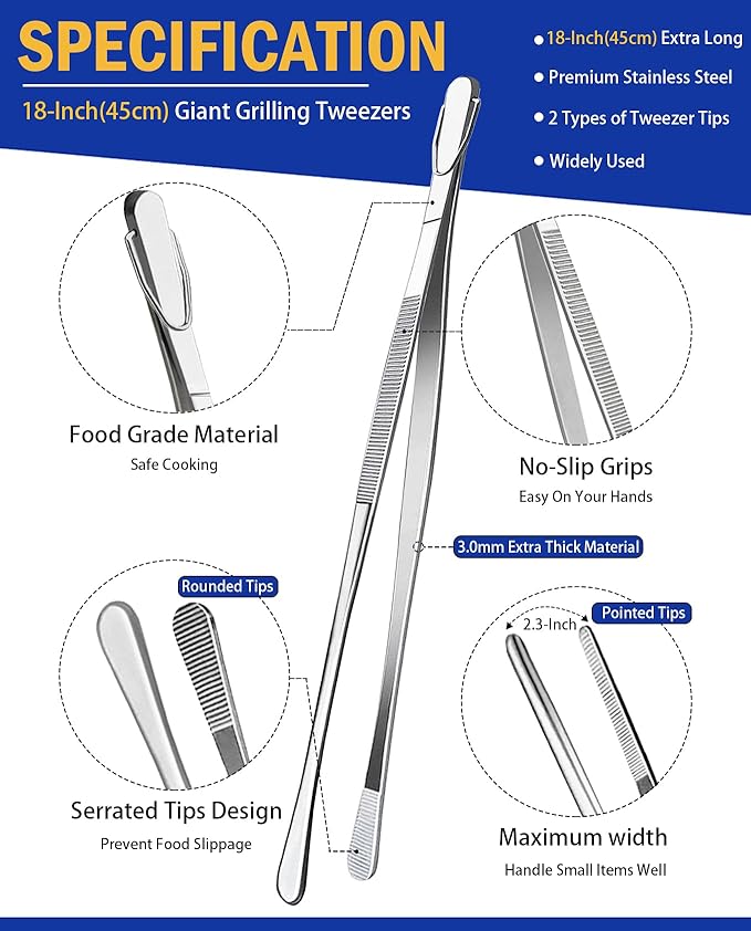 JETKONG 18 Inch (45cm) Extra Long Grill Tongs, Heavy Duty Stainless Steel Tweezer Tongs for Cooking, Grilling, Barbecue/BBQ, Buffet and Turning Food (Round Tips)