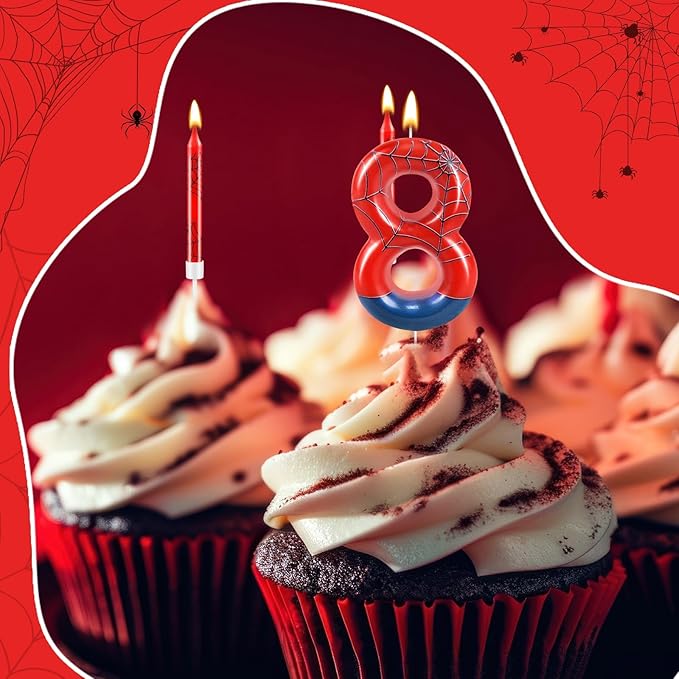 13 Pcs Spider Themed Birthday Candle Set Red Spider Theme Number 8 Candle Cake Topper for Boys Girls Birthday Decoration Spider Party Decoration Supplies (Number 8)
