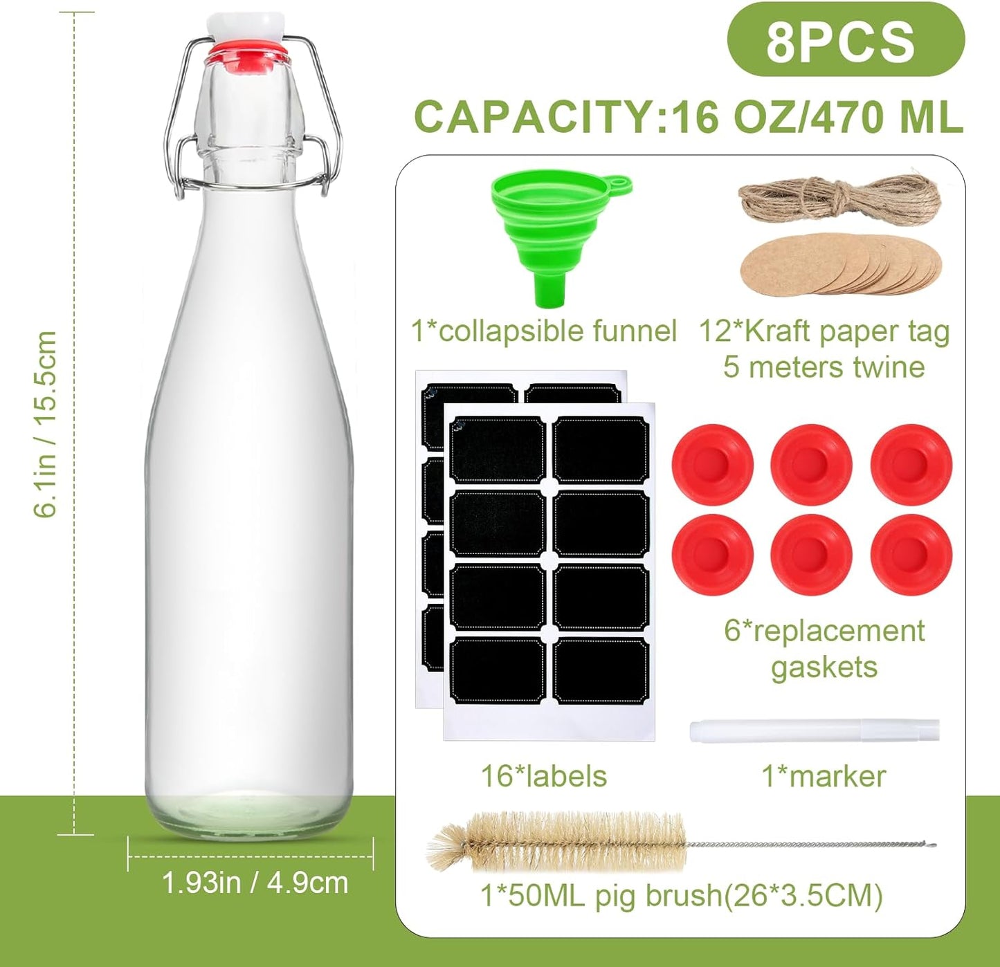 Ruckae 8 Pack 16oz Swing Top Glass Bottles with Air Tight Lids Kombucha Coquito Flip Top Glass Bottle Kefir Syrup Vanilla Extract Beer Brewing Bottles for Gift (16 oz 8 pack)