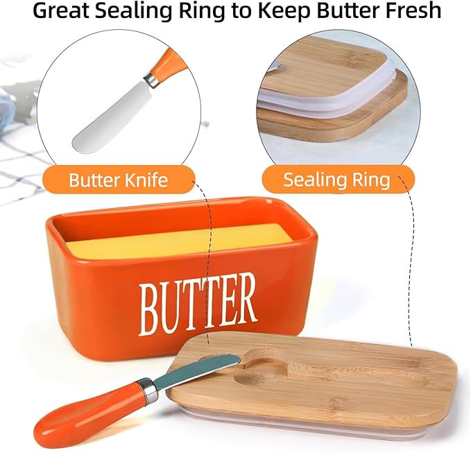 Ceramic Butter Dish with Wooden Lid, Large Butters Container Keeper Storage with Stainless Steel Knife Spreader, Bamboo Cover and Silicone Sealing Ring for West East Coast, Orange