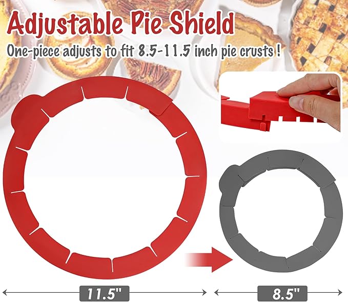Webake Pie Crust Protector Shield Adjustable Pie Crust Shield Fits 11.5-9 Inch Pie Pan, European Food Grade Silicone Pinch Test Passed, for Baking Party Pie Tart, Pack of 2, Red and Grey