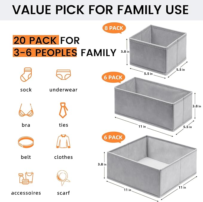 Criusia 20 Pack Drawer Organizer Bins - Grey Fabric Closet Organization and Storage Dividers for Baby Clothes, Adult Socks, Underwear, Bra, etc.
