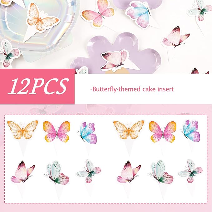 12PCS Butterfly Cupcake Toppers Birthday Decorations Premium Colorful Cake Decoration for Girls Birthday Party Theme Baby Shower Supplies