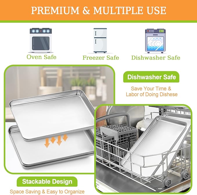 CEKEE Stainless Steel Baking Sheet Set of 2, Cookie Sheet for Baking Pan Tray, Toaster Oven Baking Pan Set, Rectangle Size 16 x 12 x 1 inch, Non Toxic, Mirror Finish & Rust Free, Dishwasher Safe