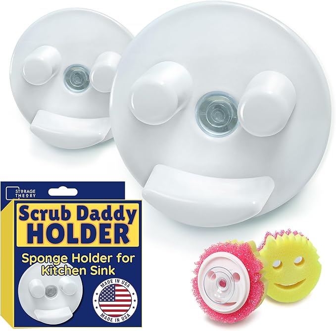 Sponge Daddy Caddy by Storage Theory – Sponge Mommy & Daddy Kitchen Sink Organizer, Universal, Simple Suction Cup Installation, Dishwasher Safe, Keep Sponges Dry, Odor-Free – White, 2 Pack