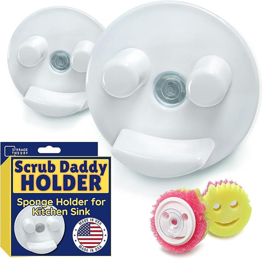 Sponge Daddy Caddy by Storage Theory – Sponge Mommy & Daddy Kitchen Sink Organizer, Universal, Simple Suction Cup Installation, Dishwasher Safe, Keep Sponges Dry, Odor-Free – White, 2 Pack