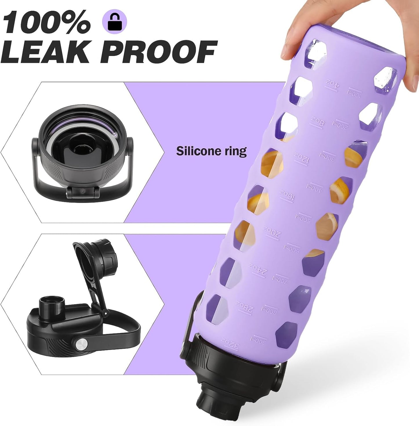 MUKOKO Glass Water Bottles, 32oz Glass Tumbler with Straw, Drinking Bottles with 2 Lids-Handle Spout Lid&Bamboo Straw Lid, Motivational Water Bottle with Time Marker and Silicone Sleeve, 1 Pack-Purple