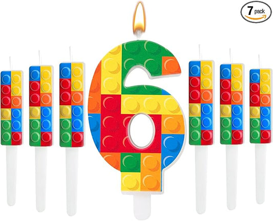 7 Pcs Building Block Themed Birthday Candles Set Building Blocks Number 6 Candle Cake Topper for Building Block Party Decoration Supplies (Number 6)