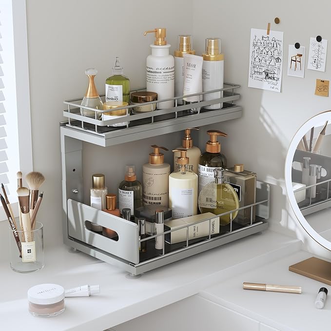 1 Pack Under Sink Organizer Upgrade to Professional Rails,2-Tier Dual Pull Out Cabinet Storage,Height Adjustable Slide Out Drawers for Bathroom Kitchen,Under Sink Shelf-Gun Gray