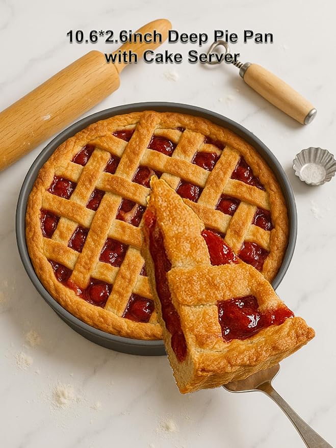 10×2.6 Inch Deep Pie Pan with Cake Server for Pie Tart Quiche Baking. Round Cake Pan with Non-Stick Coating, Rugged Carbon Steel. Gift for Women Wife Christmas Thanksgiving Party Festival