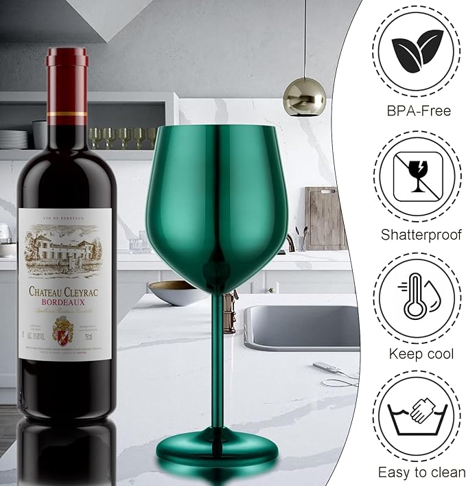 Stainless Steel Wine Glasses Set of 4 Unbreakable Green Wine Glass 18 oz Unique Metal Wine Goblets for Outdoor, Travel, Camping, Pool, Ideal Gift for Wine Lovers