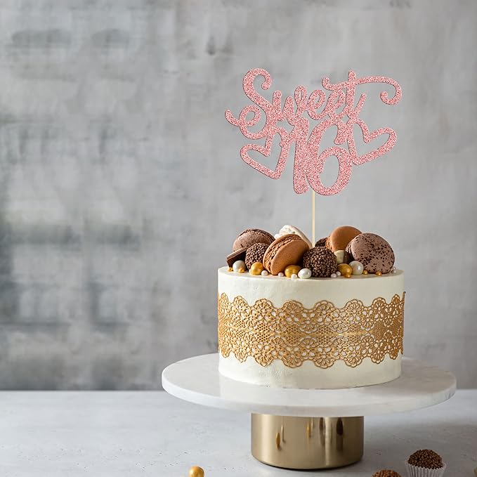 Gyufise 1Pc Sweet Teenager 16 Cake Topper Glitter 16th Birthday Cake Pick for Cheers to 16 Years Old 16th Birthday Party Cake Decorations Supplies Rose Gold