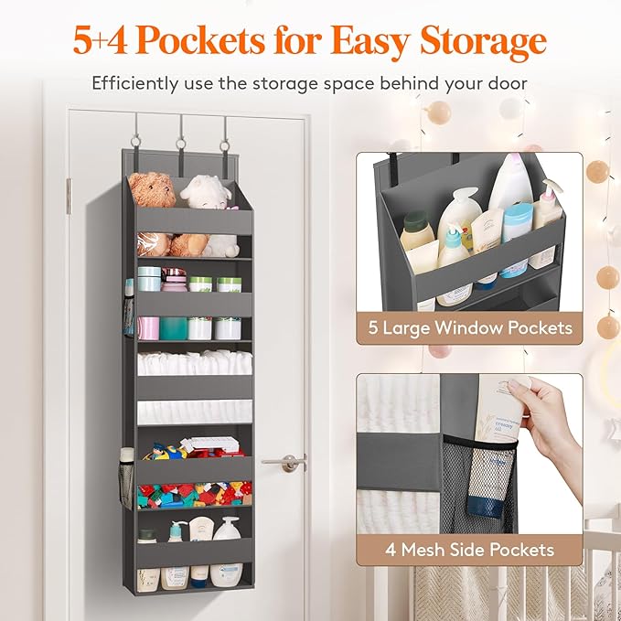 Lifewit 8 Packs Over the Door Organizer, 5 Shelf Clear Window Hanging Storage with 4 Mesh Side Pockets, Anti Tilt 40 lbs Load Behind Door for Pantry, Nursery, Bathroom, Bedroom, Kitchen, Dorm, Grey