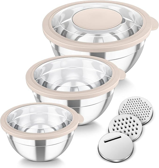 TeamFar Mixing Bowls, 3PCS Stainless Steel Serving Salad Bowls with Lids & 3 Graters, For Kitchen Mixing/Baking/Storing/Prepping, Visible & Airtight, Easy Clean - 4.5/3 / 1.5 QT, Khaki