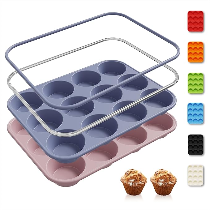 2 Pack 12 Cups Silicone Muffin Pan with Metal Reinforced Frame Regular Size Silicone Molds Cupcake Cake Baking Pans Baking Cupcake Mold Best Baking Pans Tart Pan Sheet Set Reusable Cupcake Liners
