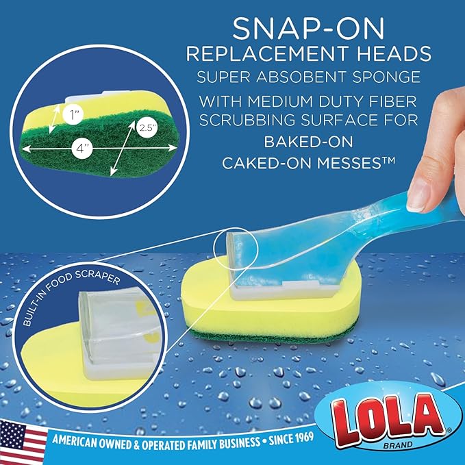 Lola Products Dish Brush w/Soap Dispenser Wand, Absorbent Sponge Scrubber, No Leaking. Clean Dishes and Sinks, 12 Brushes & Heads & 72 Refills