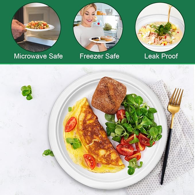 Disposable Paper Plates 9 inch, 200 Pack White Paper Plates Bulk, Eco Friendly Biodegradable Compostable Plates, Sturdy Dinner Paper Plates Heavy Duty for Party Wedding